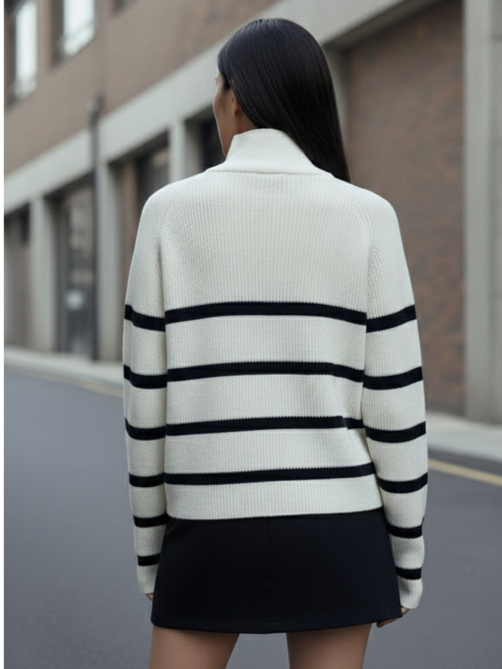 Cream Full Sleeve Striped Half Zip Sweater