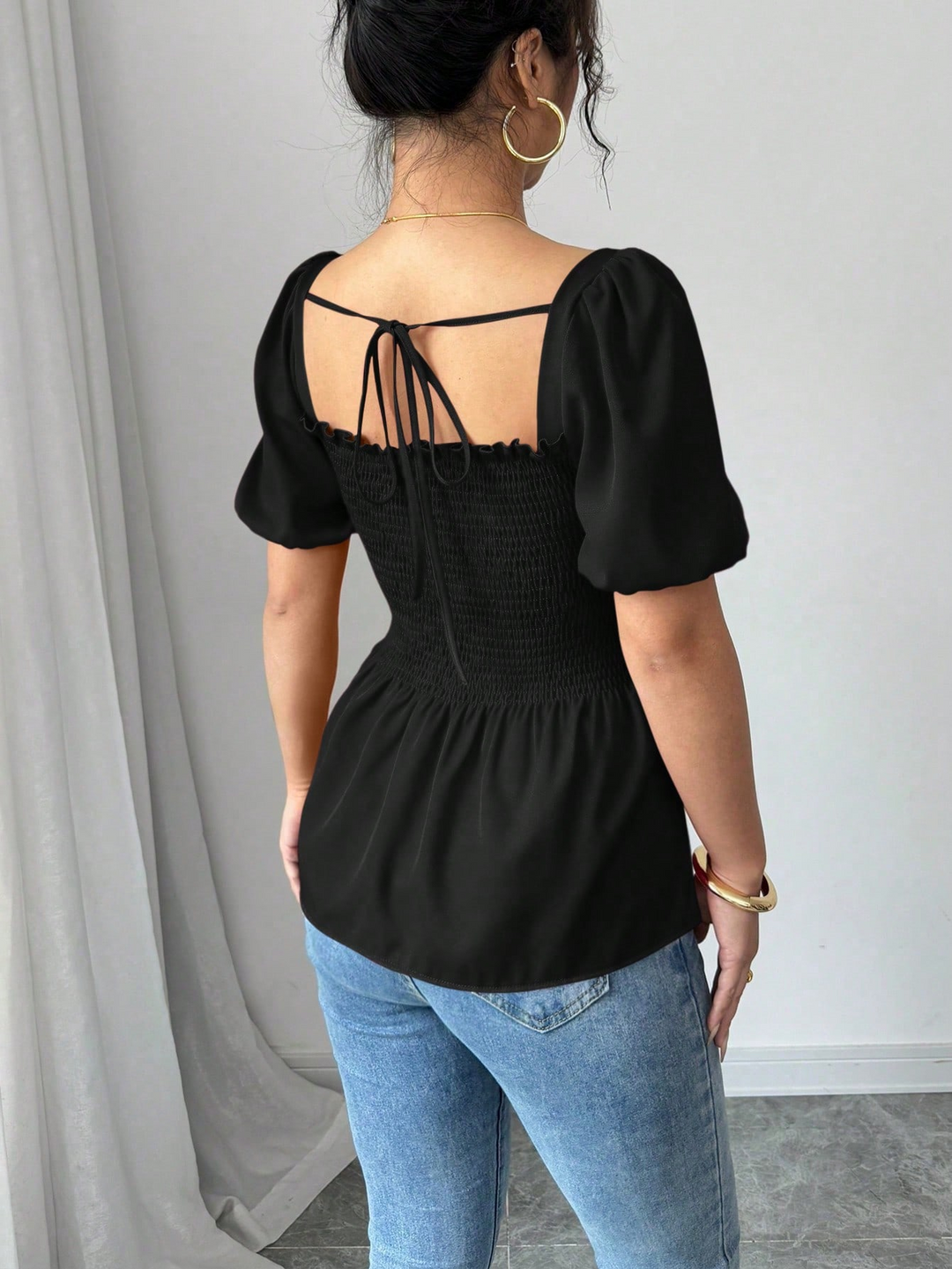 Black Puff Sleeve Square Neck Slit Top