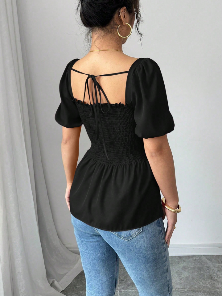 Black Puff Sleeve Square Neck Slit Top