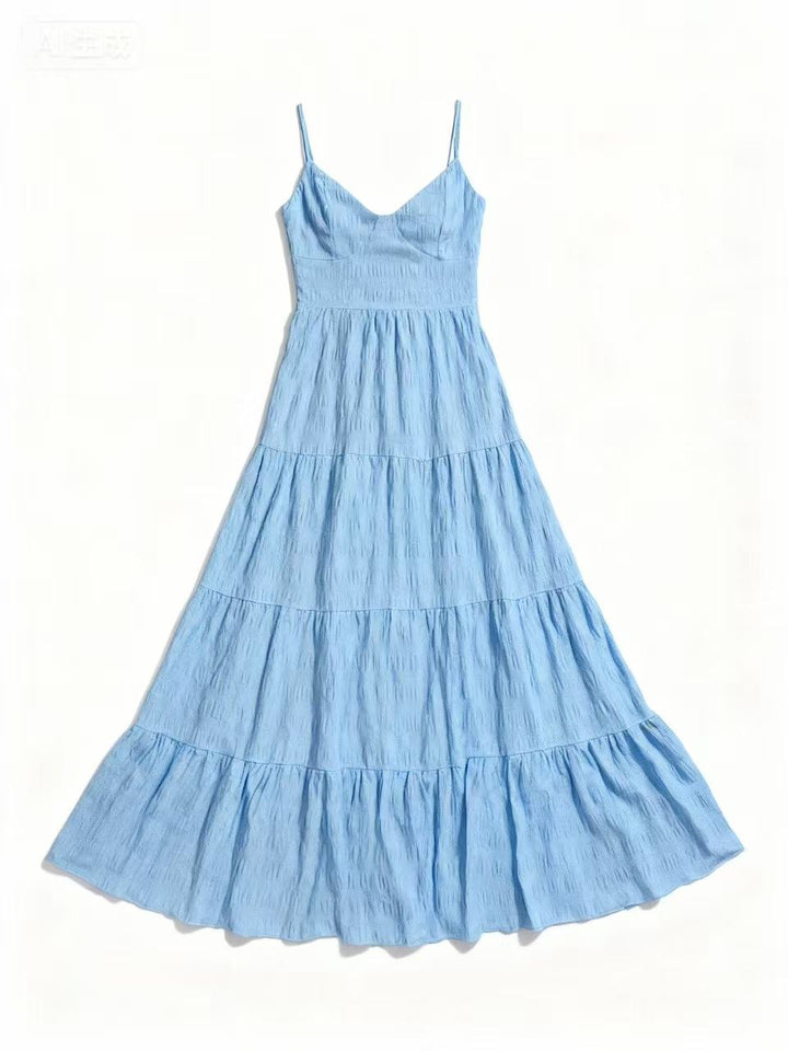 Blue Shoulder Strap Back Bow Tiered Dress