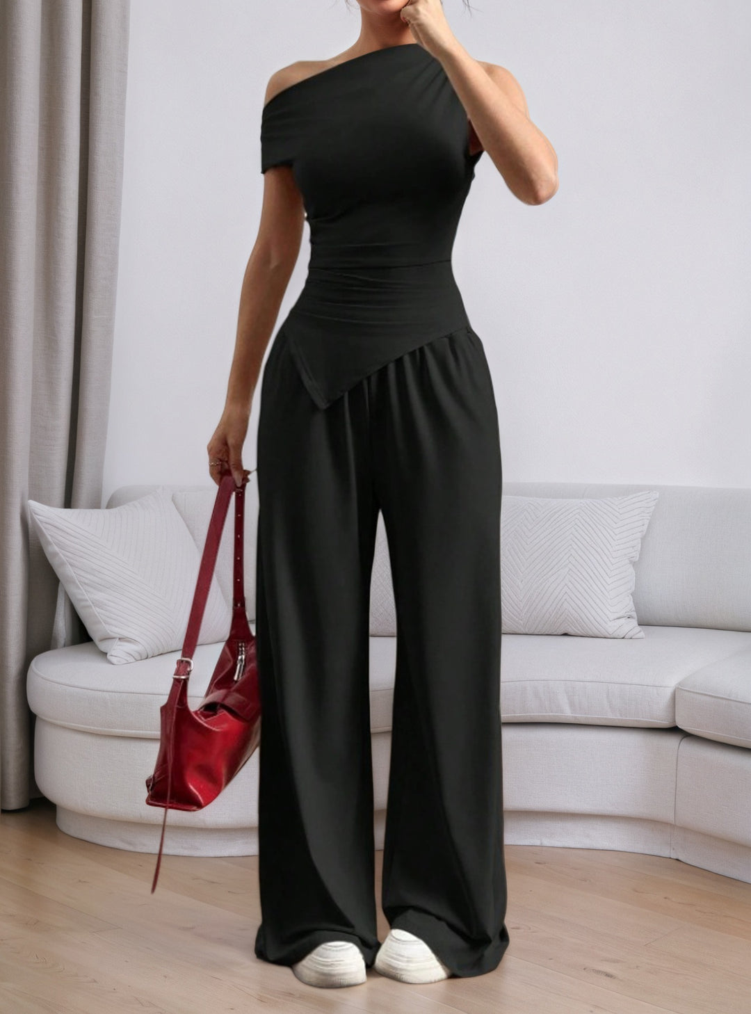 Black One Shoulder Sleeve Asymmetrical Top And Pant Set
