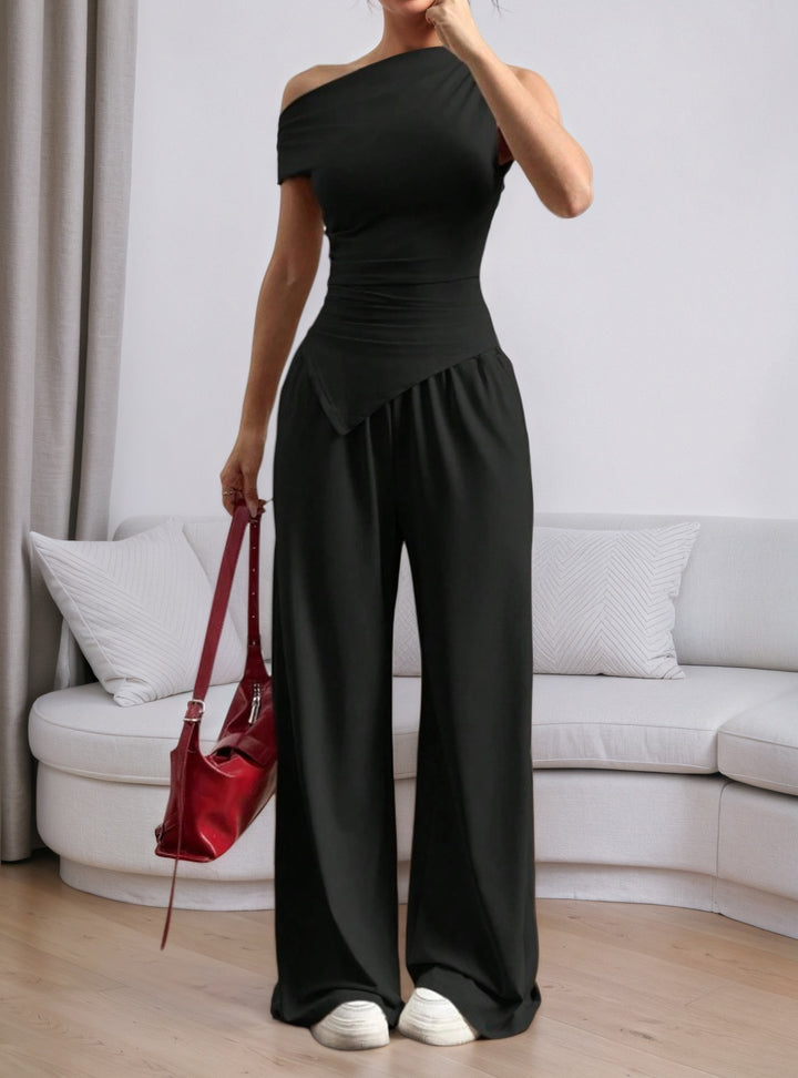 Black One Shoulder Sleeve Asymmetrical Top And Pant Set