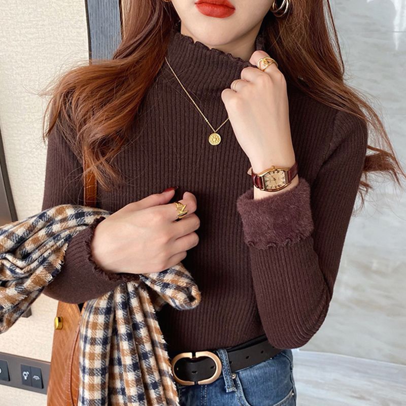 Burgundy Full Sleeve Scallop Hem Mock Neck Fitted Sweater