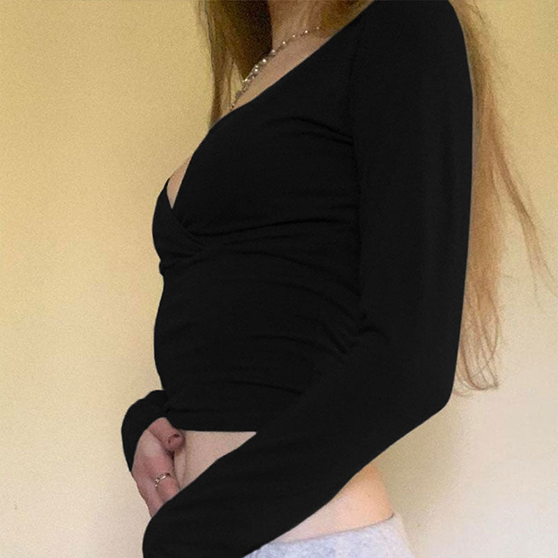 Black V Neck Crop Top Full Sleeves