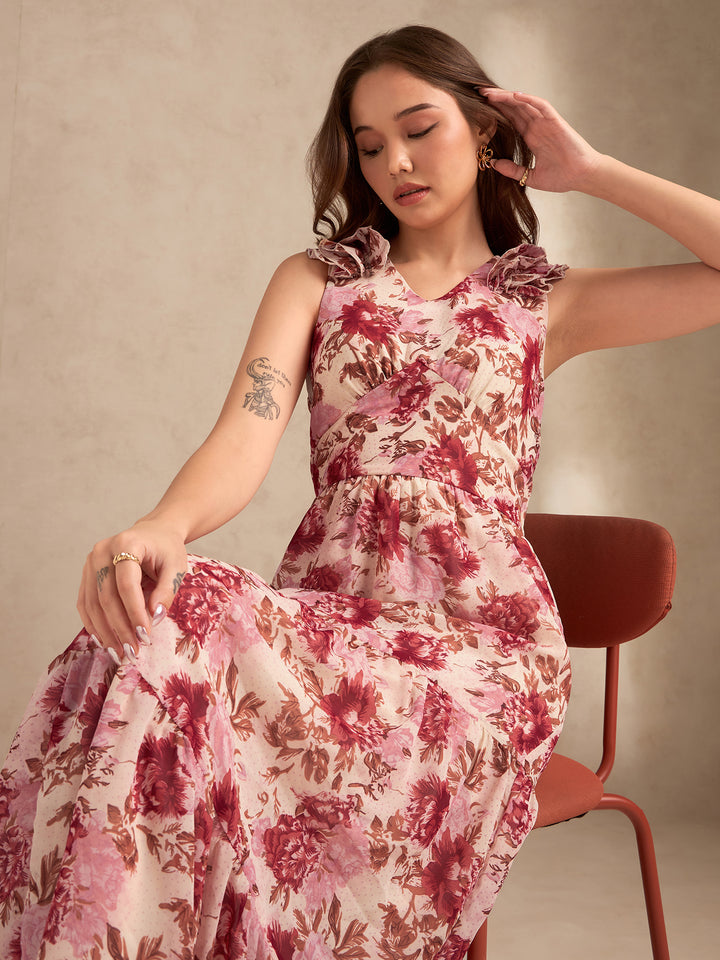 Multi Floral Printed Maxi Dress With Ruffle Detailing