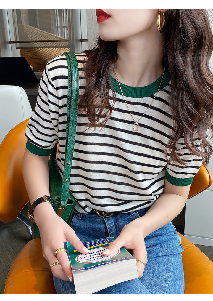 Dark Green Contrast Hem Striped Top