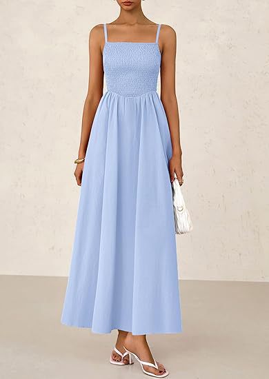 Blue Strappy Square Neck Cinched Waist Dress With Pockets