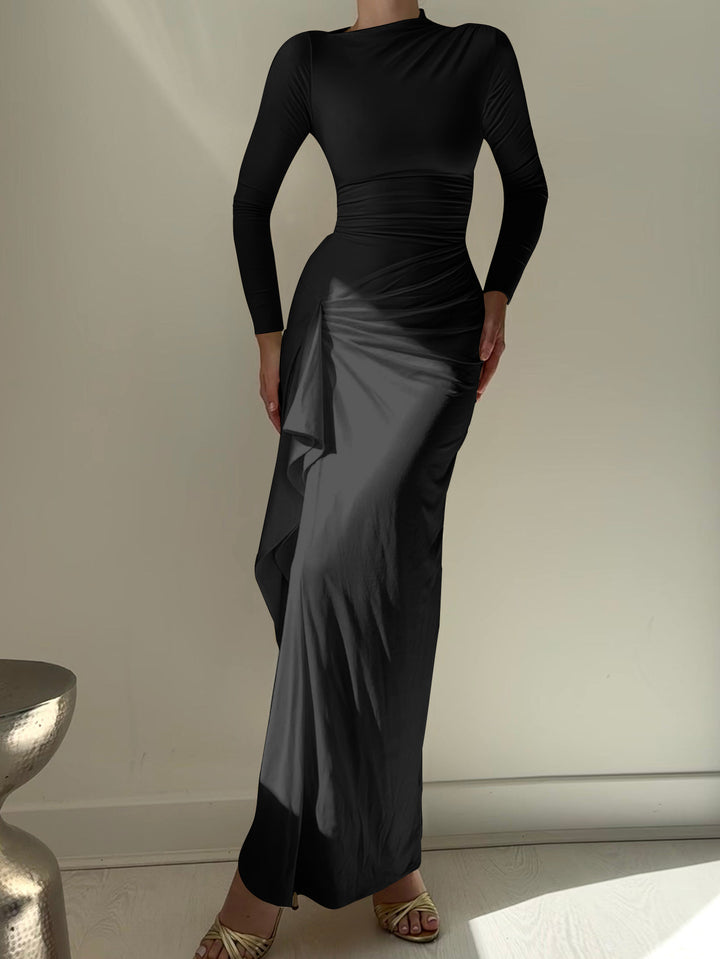 Black High Neck Side Ruched Dress
