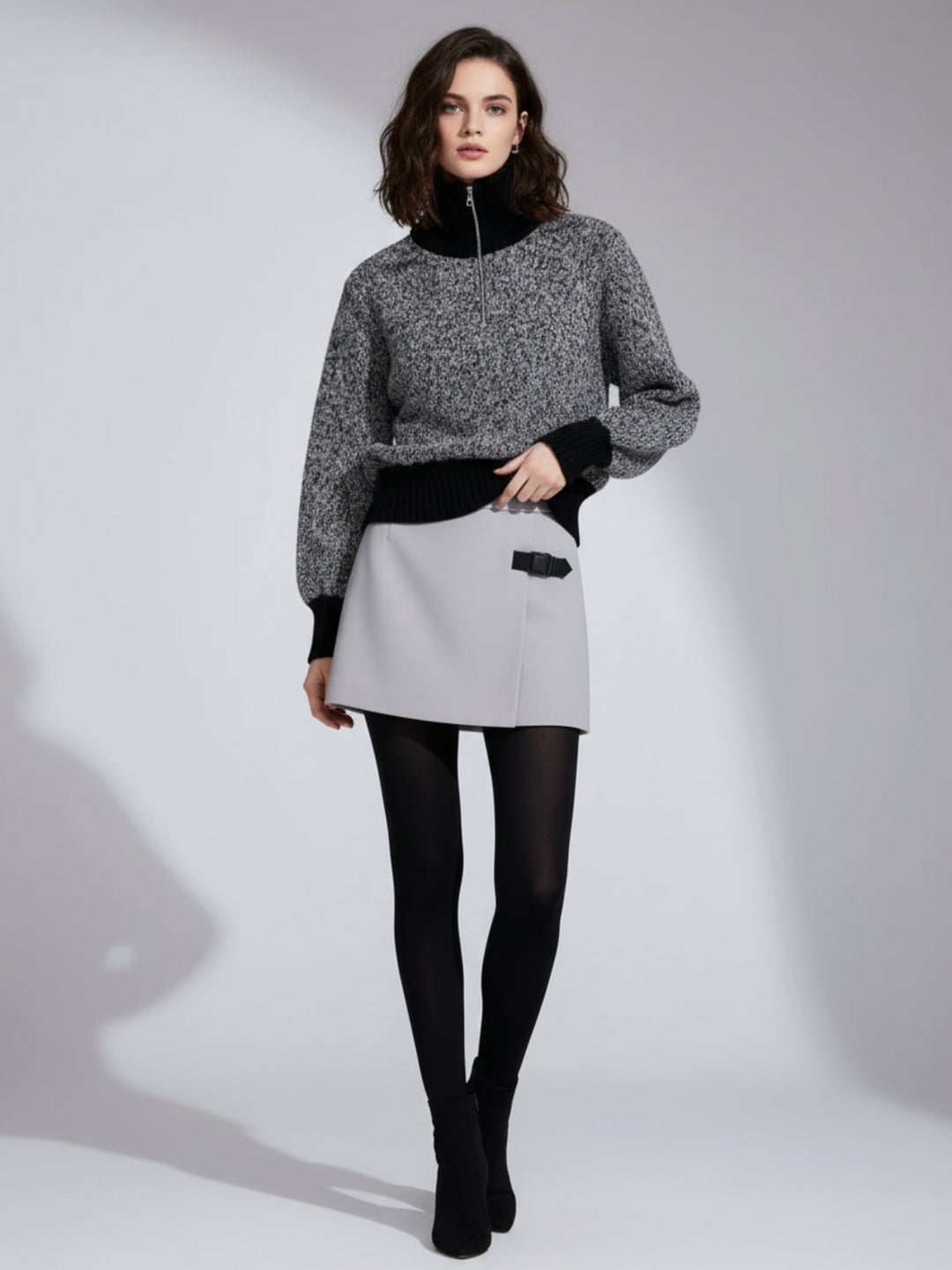 Grey Full Sleeve Contrast Collar Sweater