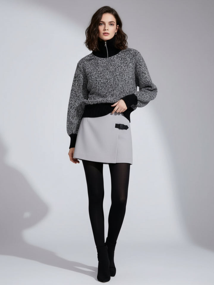 Grey Full Sleeve Contrast Collar Sweater
