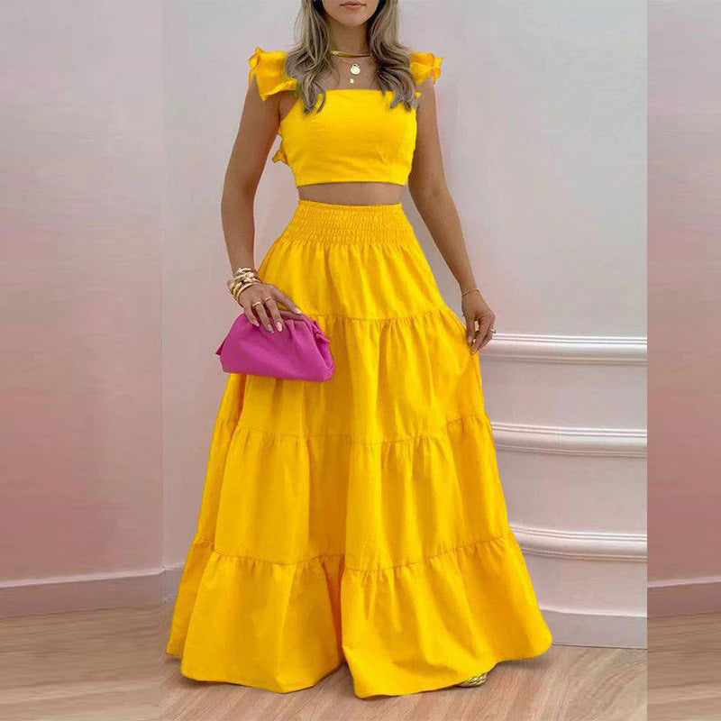 Yellow Ruffle Sleeves Tiered Flared Skirt Co-Ord Set