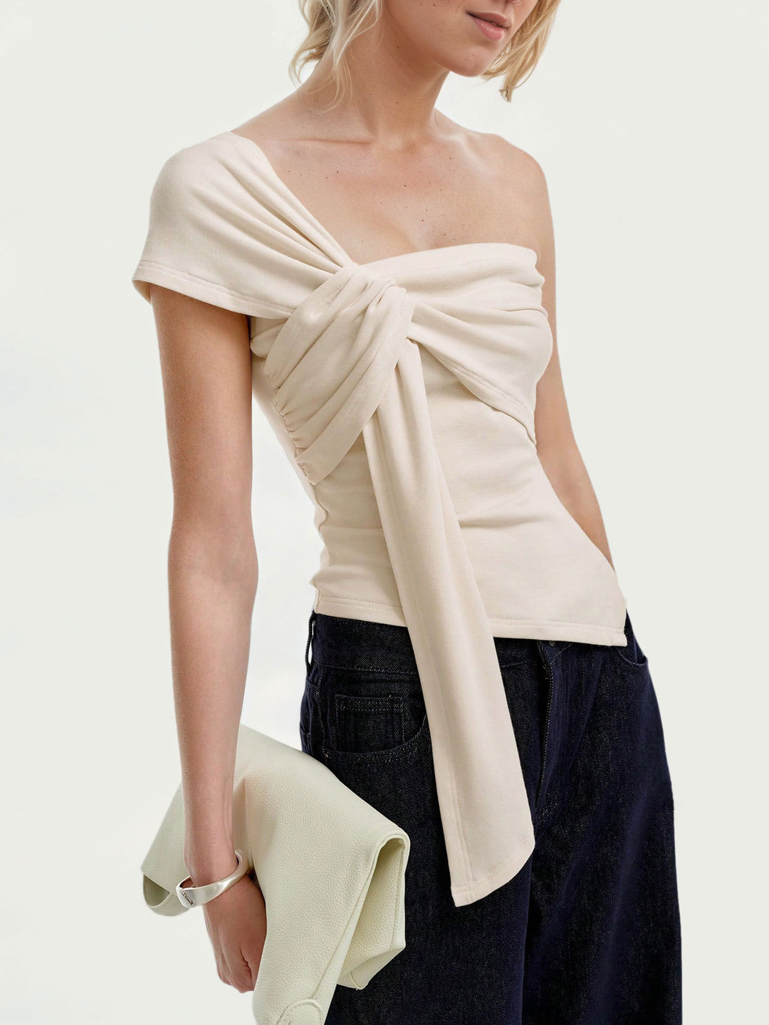 Cream One Shoulder Knot Front Sleeveless Top