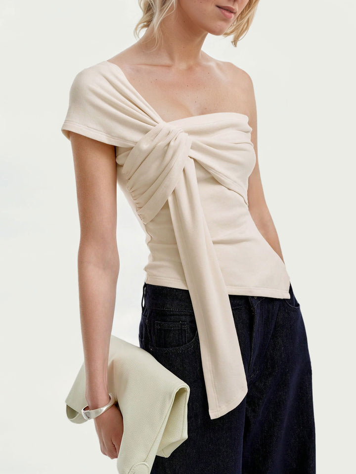 Cream One Shoulder Knot Front Sleeveless Top