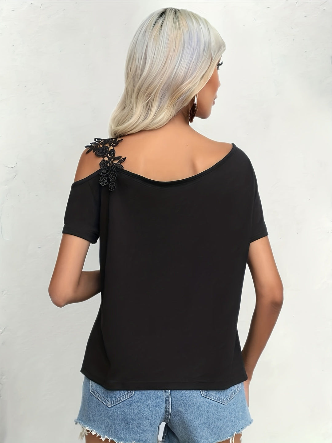 Black One Shoulder Lace Strap Top