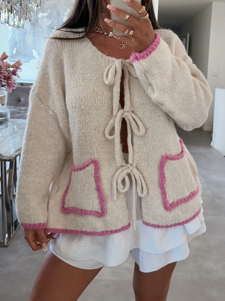 White Full Sleeves Front Tie Up Cardigan
