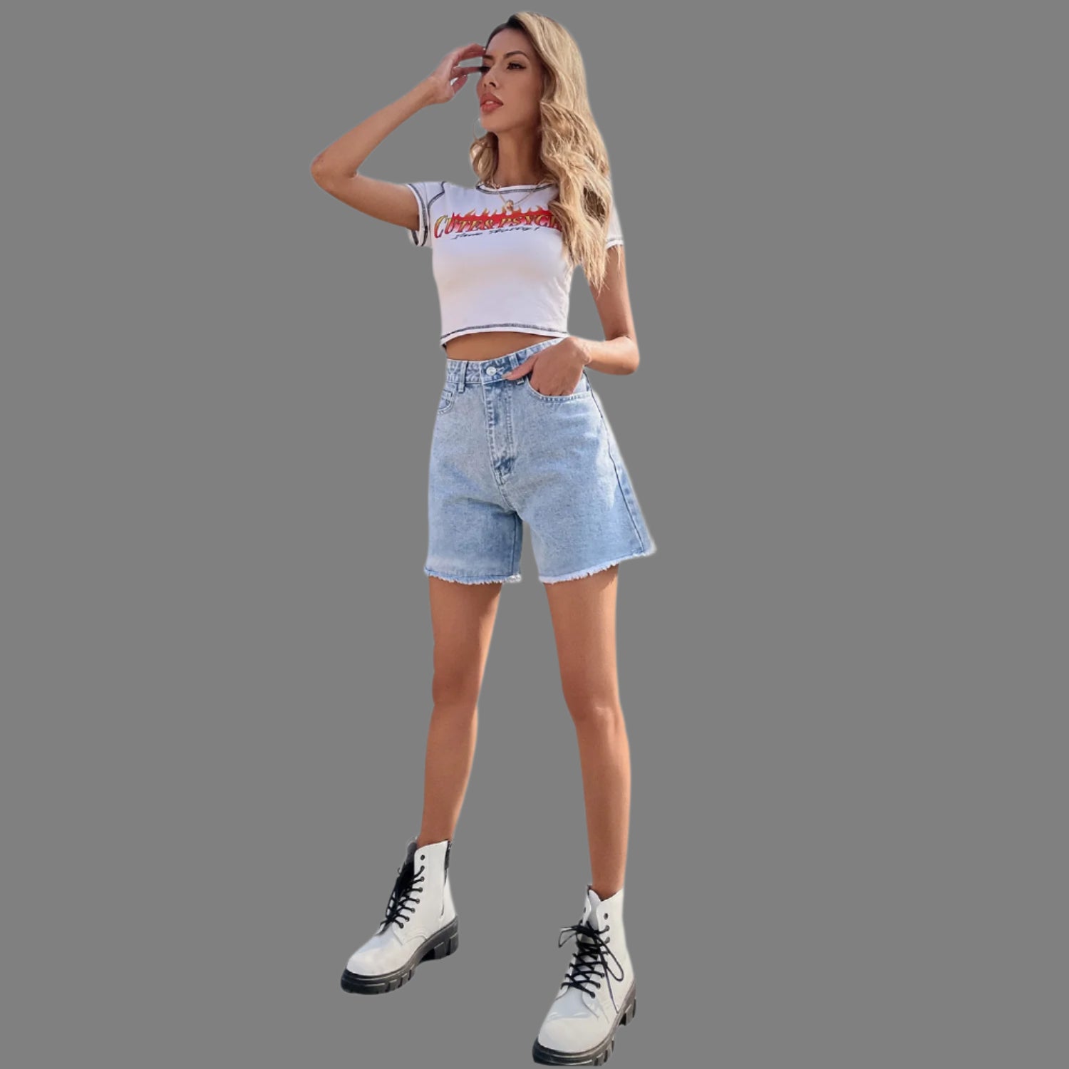 Light Blue Denim Shorts With Freyed Hem