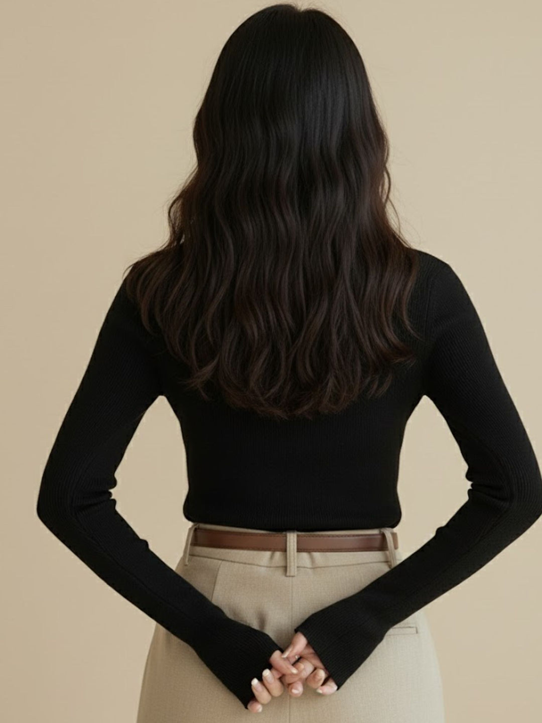 Navy Blue Full Sleeve High Neck Fitted Tops