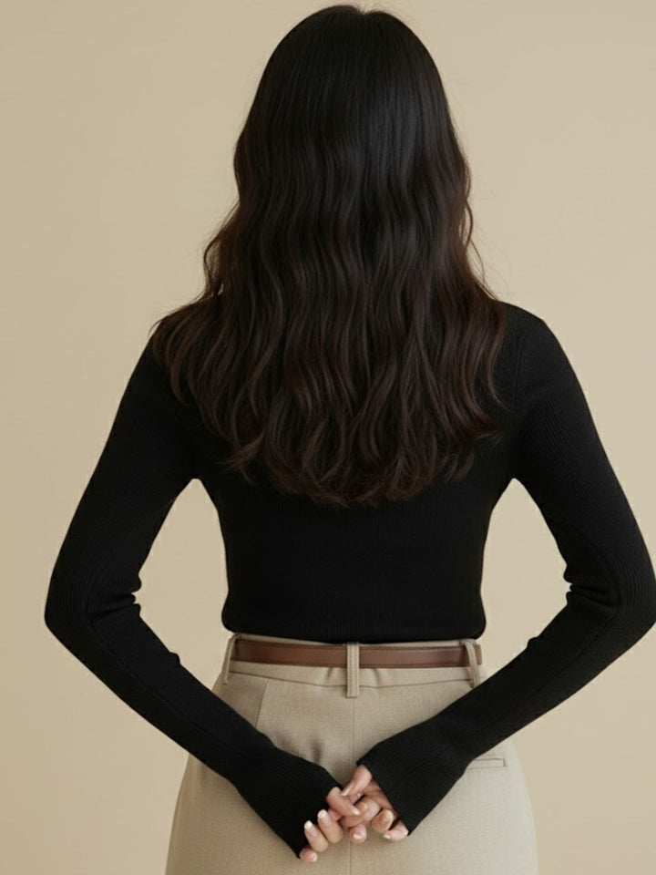 Navy Blue Full Sleeve High Neck Fitted Tops