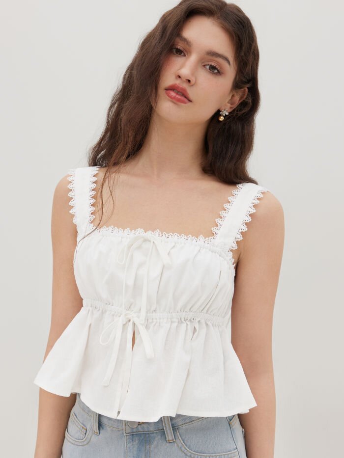 White Zig Zag Strap Front Tie Up Top