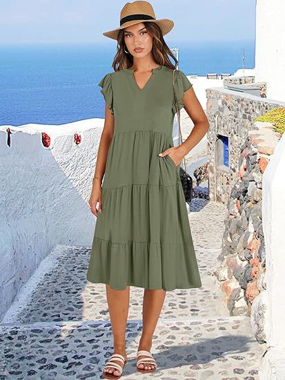 Olive High V Neck Tiered Dress With Pockets