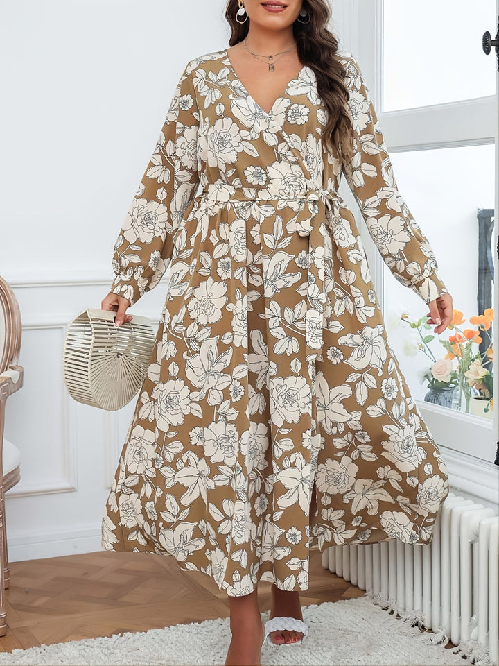 Brown Full Sleeve V Neck Slit Dress