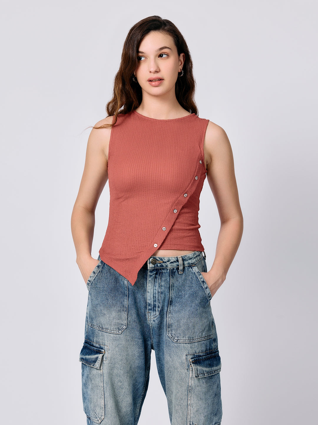 Coral Textured Assymetric Hem Tank