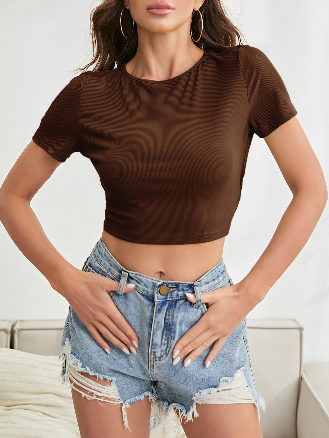 Brown Short Sleeve Round Neck Back Twisted Top