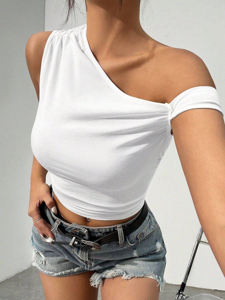 White Off-Shoulder Twisted Strap Top