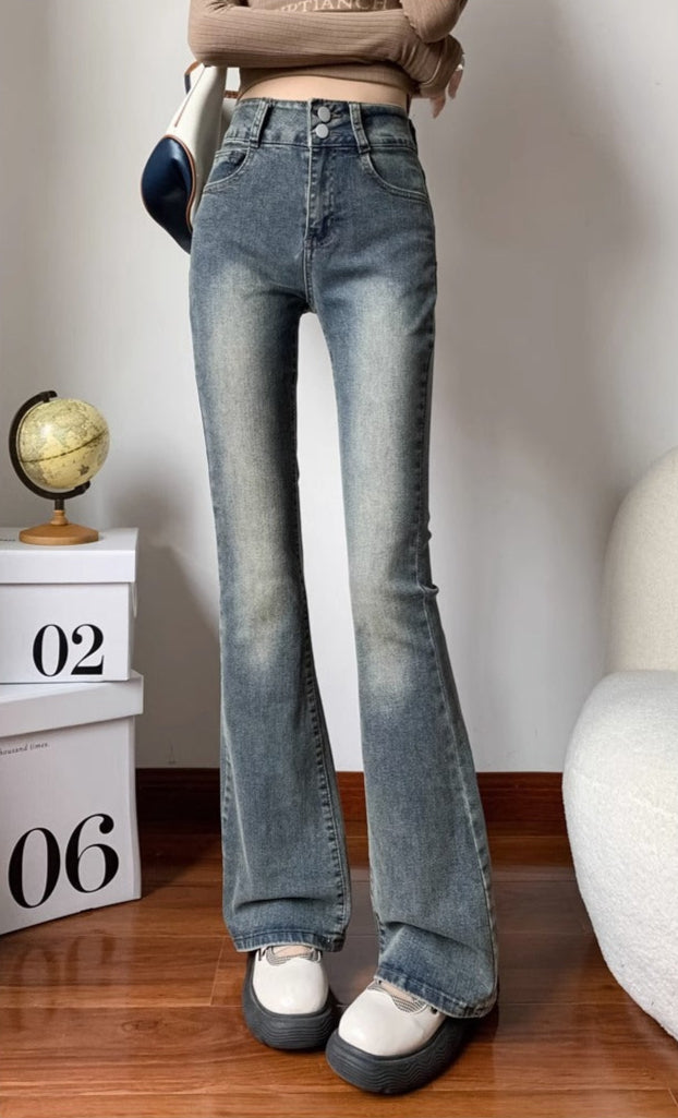 Blue Double Button Flared Jeans