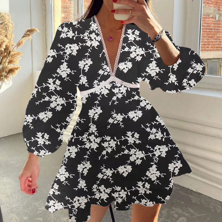 Black V Neck Lace Insert Fir And Flare Dress