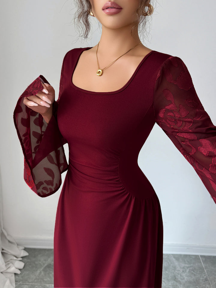 Maroon Bell Sleeve Scoop Neck Lace Detail Dress