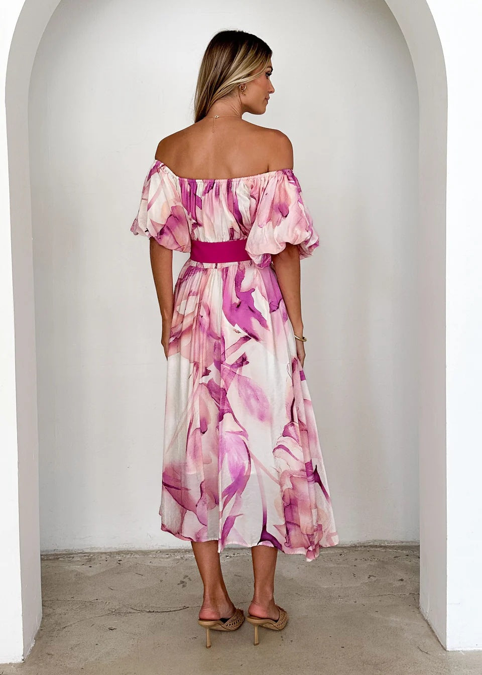 Pink Off Shoulder Waist Tie-Up Dress