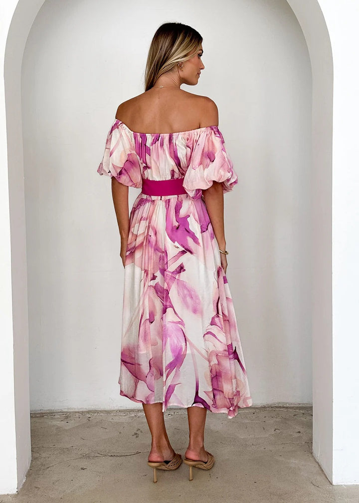 Pink Off Shoulder Waist Tie-Up Dress