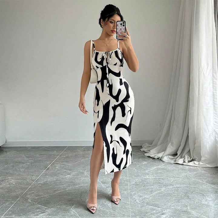 White Abstract Print Waist Fitted Dress