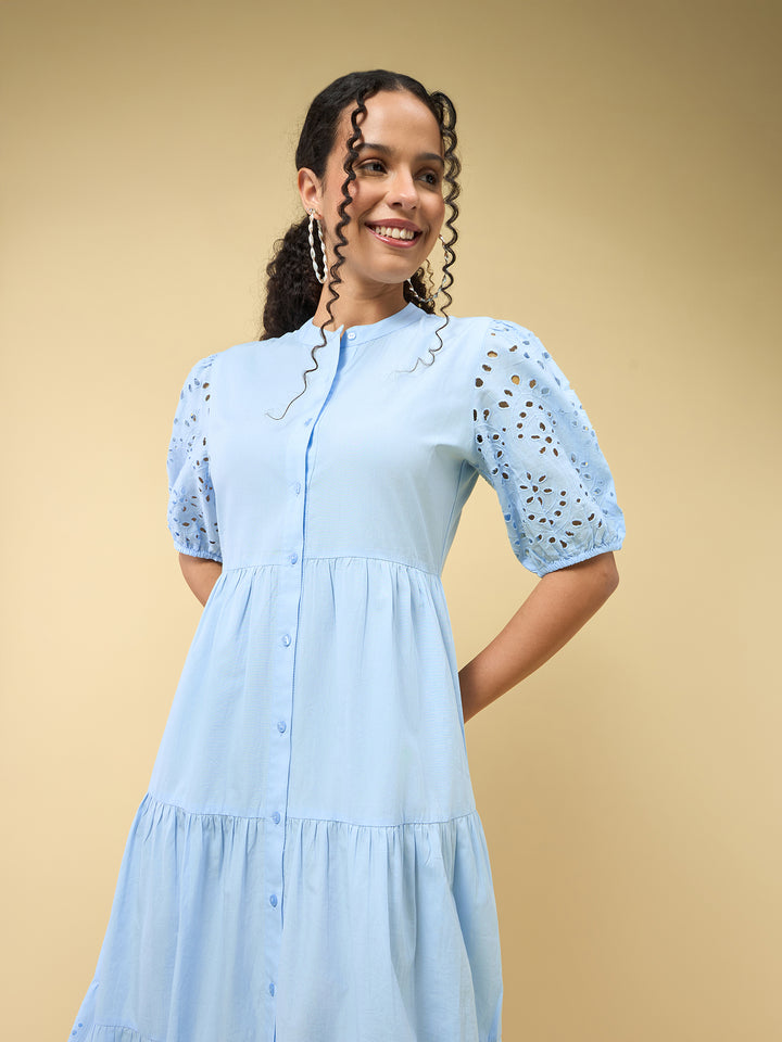 Blue Puff Sleeve Pleated Dress