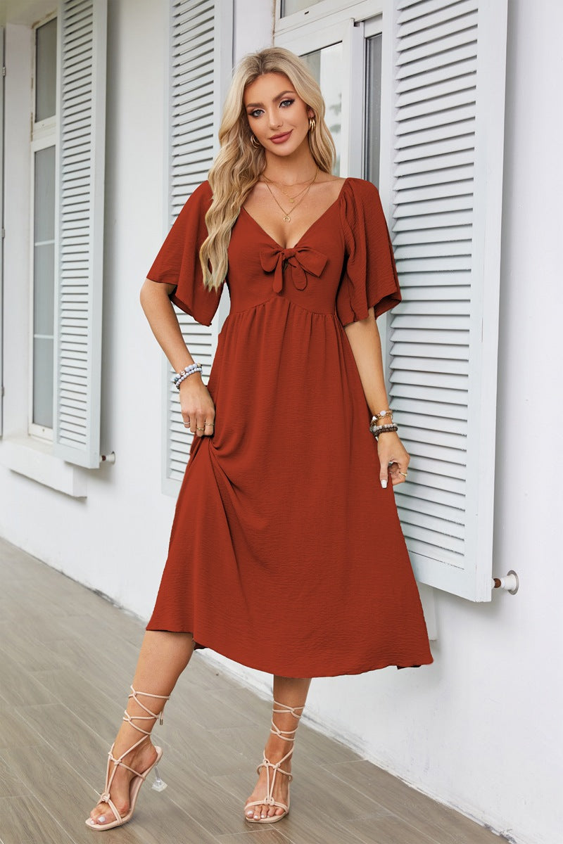 Red Flutter Sleeved Bow Detailed Neck Dress