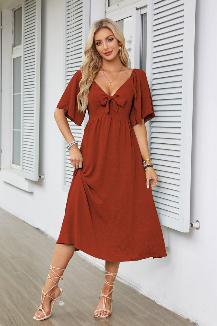 Red Flutter Sleeved Bow Detailed Neck Dress