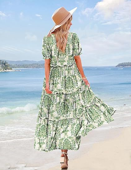 Green Scoop Round Neck Printed Tiered Dress