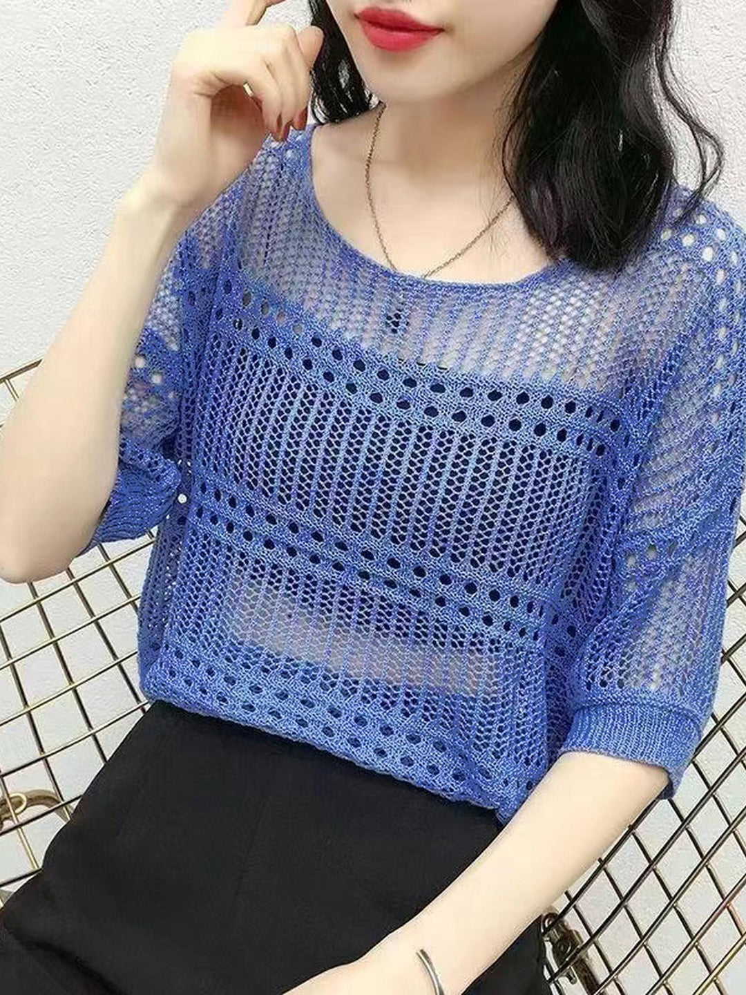 Blue Crochet Knit Top