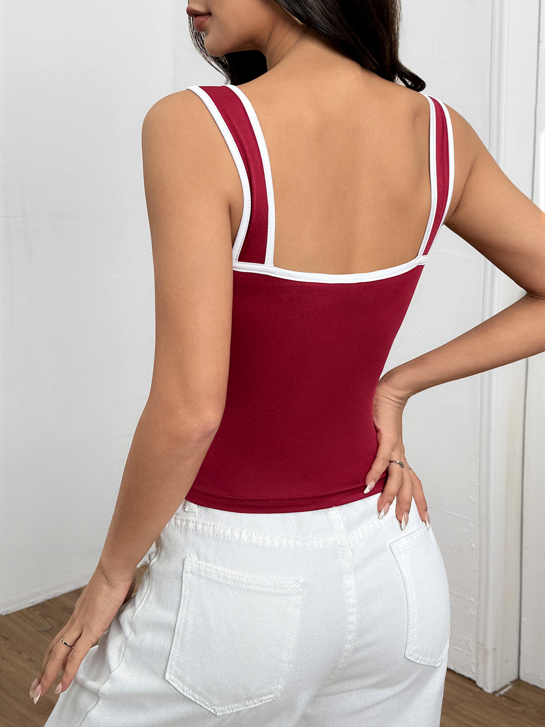 Wine Wide Shoulder Strap Contrast Hem Top