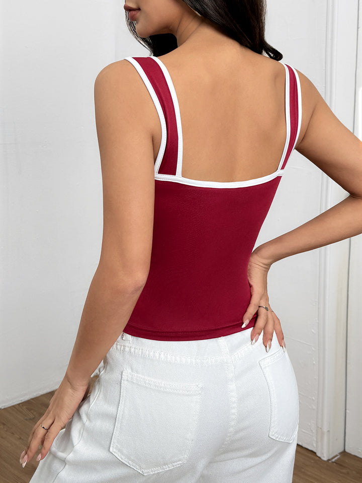 Wine Wide Shoulder Strap Contrast Hem Top