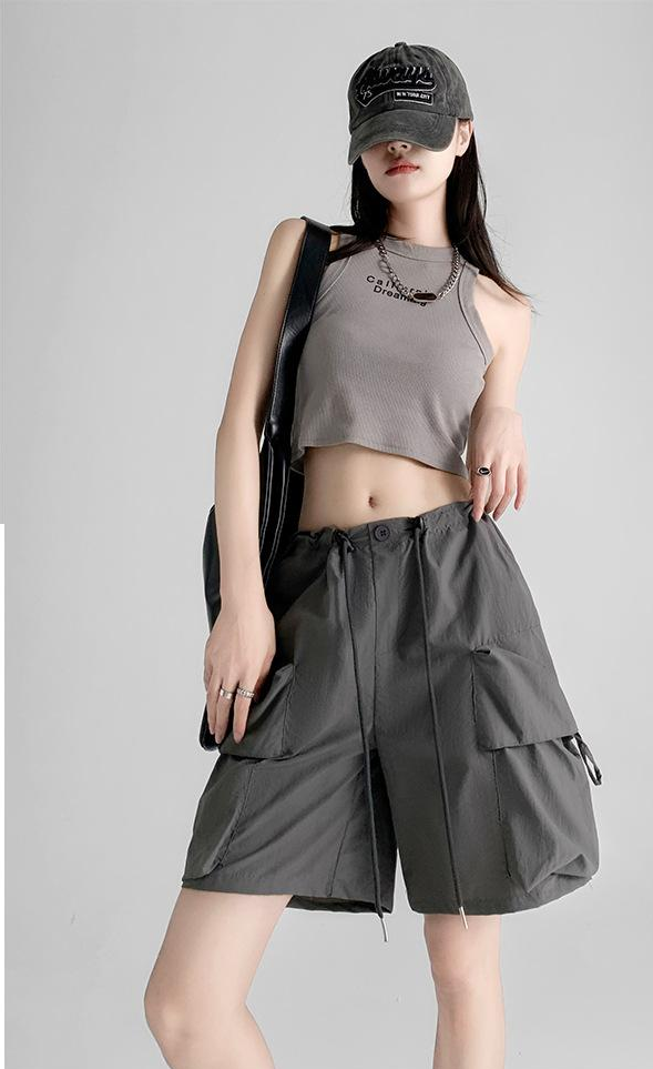 Charcoal Relaxed Fit Drawstring Cargo Shorts