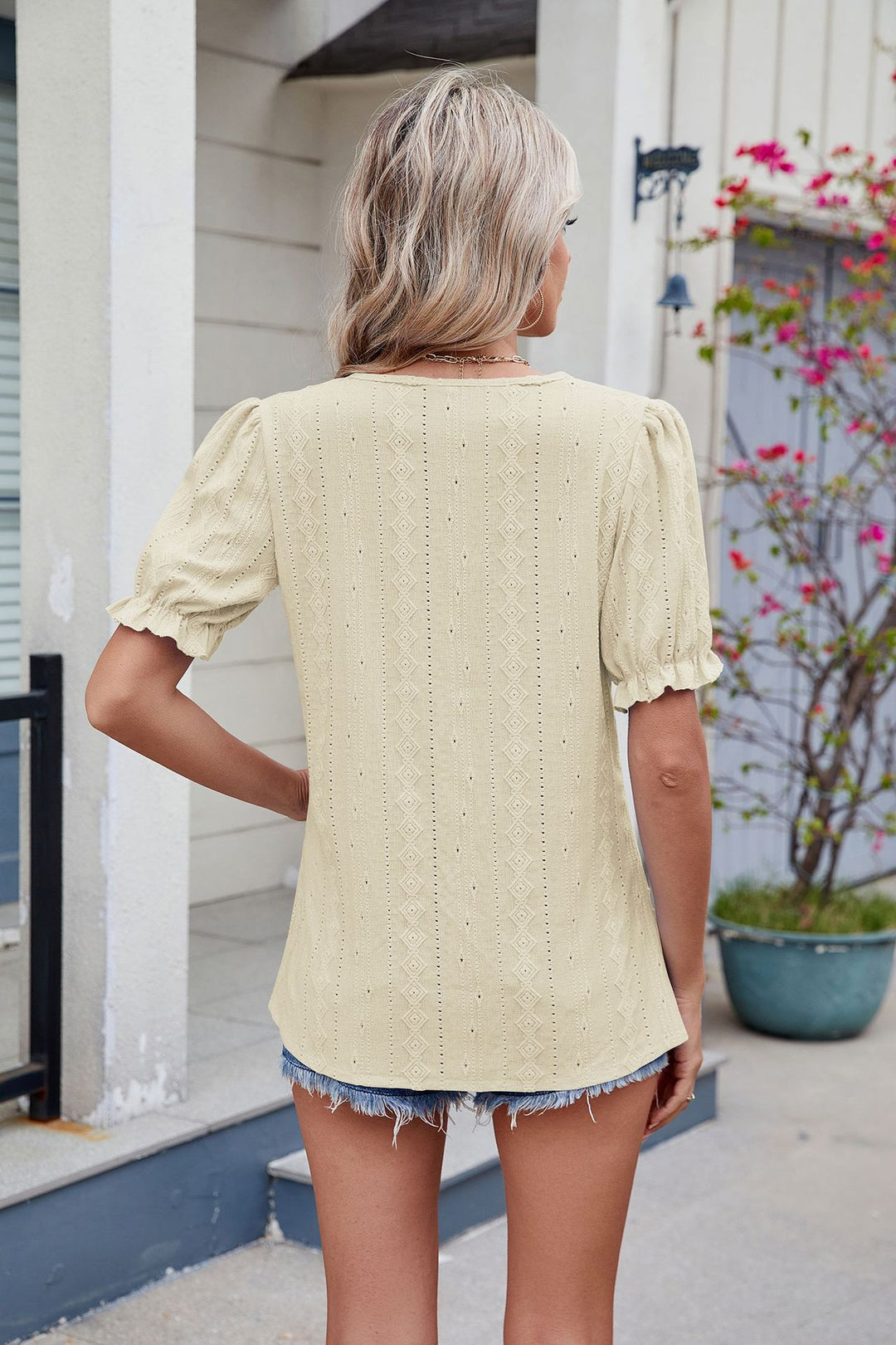 Cream Puff Sleeve V Neck Top
