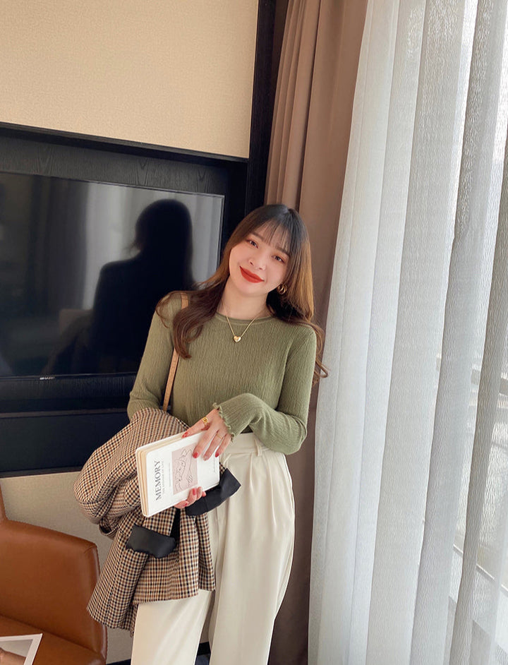 Olive Full Sleeve Scallop Hem Mock Neck Fitted Top
