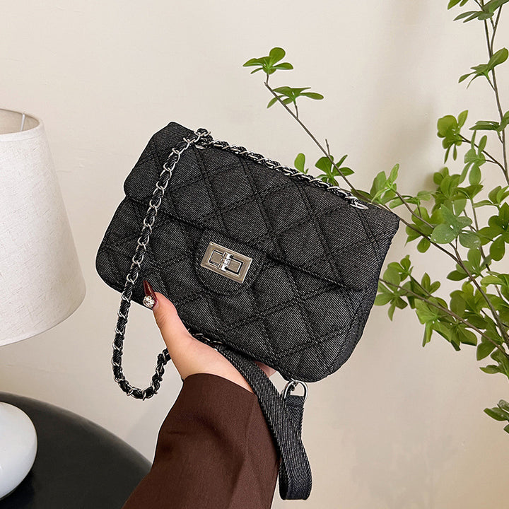 Black Quilted Denim Chain Flap Bag