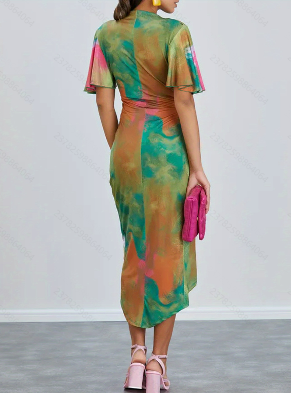 Multi Printed Flare Sleeve V-Neck Dress