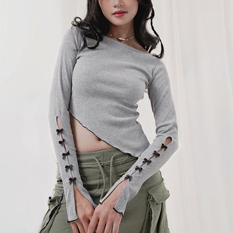 Grey Slant Hem Full Sleeves Button Detail Top