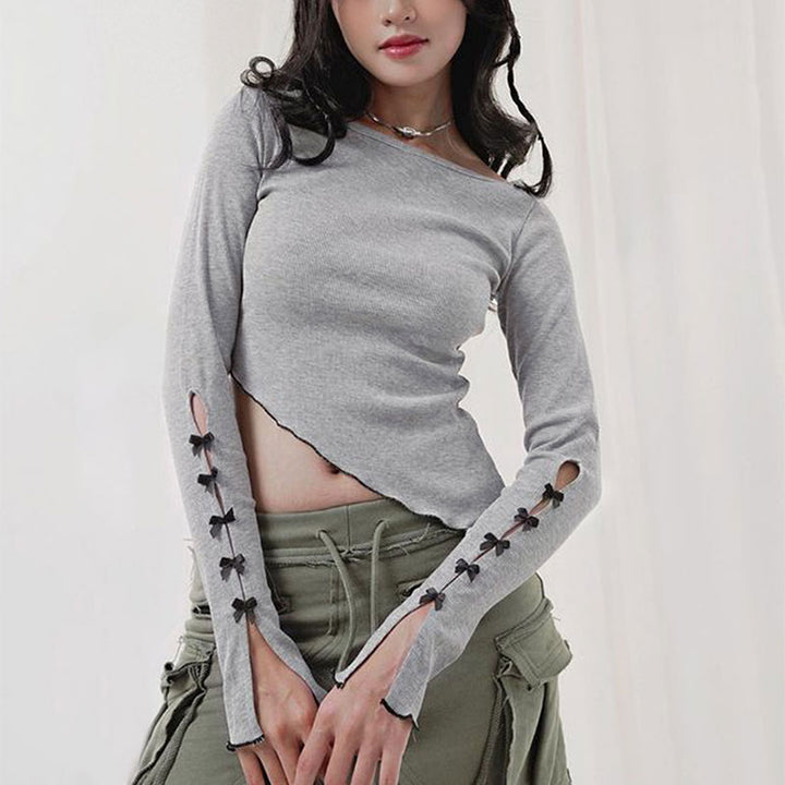 Grey Slant Hem Full Sleeves Button Detail Top