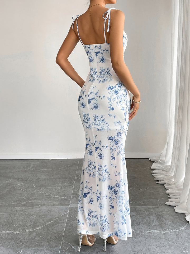 Blue Shoulder Tie-Up Front Ruched  Dress