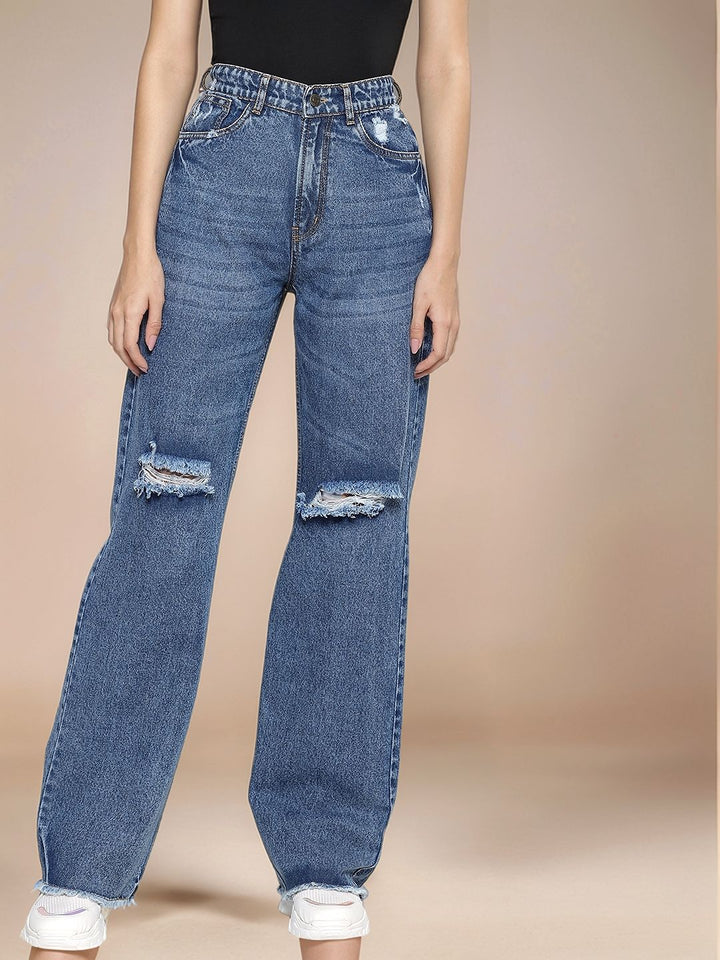 Blue High Waist Distress Effect Wide Leg Jeans